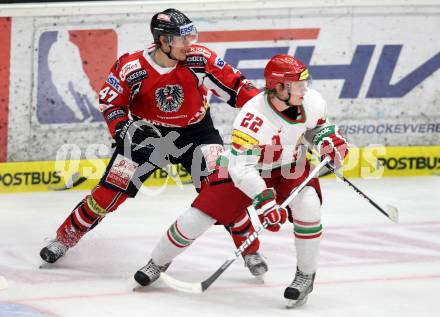 Eishockey Laenderspiel. Oesterreich gegen Weissrussland. Daniel Nageler, (Oesterreich), Oleg Goroshko  (Weissrussland). Klagenfurt, am 6.4.2012.
Foto: Kuess

---
pressefotos, pressefotografie, kuess, qs, qspictures, sport, bild, bilder, bilddatenbank