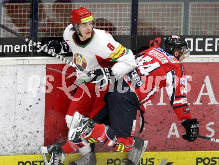 Eishockey Laenderspiel. Oesterreich gegen Weissrussland. Andreas Kristler, (Oesterreich), Yevgeni Nogachyov  (Weissrussland). Klagenfurt, am 6.4.2012.
Foto: Kuess

---
pressefotos, pressefotografie, kuess, qs, qspictures, sport, bild, bilder, bilddatenbank