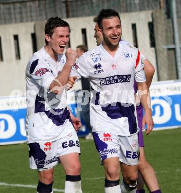 Fussball Regionalliga. SAK gegen SK Austria Klagenfurt. Torjubel Aleksic Darjan, Veliu Murat (SAK).  Klagenfurt, 21.4.2012
Foto: Kuess

---
pressefotos, pressefotografie, kuess, qs, qspictures, sport, bild, bilder, bilddatenbank