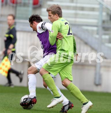 Fussball Regionalliga. SK Austria Klagenfurt gegen Wels FC. Matthias Dollinger, (Austria Klagenfurt), Philipp Schopper  (Wels FC).  Klagenfurt, 25.4.2012
Foto: Kuess

---
pressefotos, pressefotografie, kuess, qs, qspictures, sport, bild, bilder, bilddatenbank