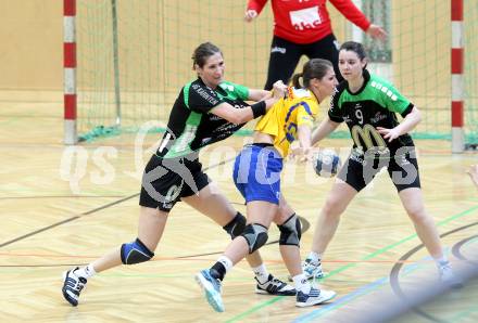 Handball WHA Women Handball League. SG Witasek Kaernten gegen HYPO Niederoesterreich 1. Gabriela Eugenia Rotis-Nagy, Katja Jamnik,  (Kaernten), Bernadett Izabella Temes (NOE). Feldkirchen, 1.5.2012.
Foto: Kuess
---
pressefotos, pressefotografie, kuess, qs, qspictures, sport, bild, bilder, bilddatenbank