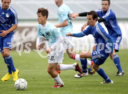 Fussball Kaerntner Liga. St. Veit gegen Treibach. Patrick Rupprecht, (St. Veit), Andreas Wolfger (Treibach). St. Veit, am 16.5.2012.
Foto: Kuess
---
pressefotos, pressefotografie, kuess, qs, qspictures, sport, bild, bilder, bilddatenbank