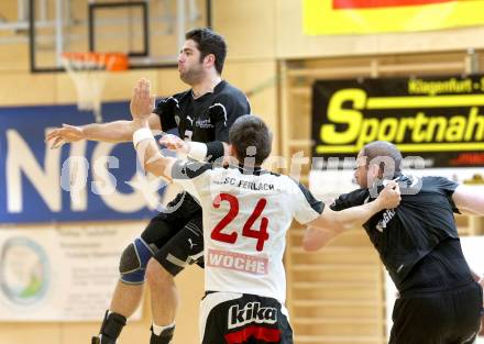 Handball Bundesliga. SC Ferlach gegen HCK 59. Daniel Plesej, (Ferlach),  Josef Sourek, Anton Praeprost (HCK). Ferlach, 19.5.2012.
Foto: Kuess
---
pressefotos, pressefotografie, kuess, qs, qspictures, sport, bild, bilder, bilddatenbank