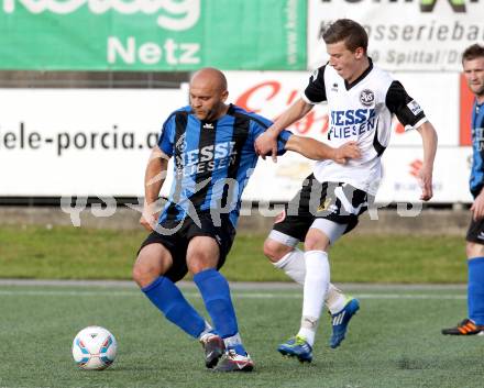 Fussball Kaerntner Liga. Spittal/Drau gegem Drautal. Halid Hasanovic,  (Spittal), Luka Peric (Drautal).  Spittal 8.6.2012
Foto: Kuess

---
pressefotos, pressefotografie, kuess, qs, qspictures, sport, bild, bilder, bilddatenbank