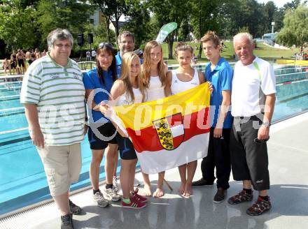 Alpe Adria Sommer Jugendsportspiele 25. - 28. Juni 2012. Burgenland - Steiermark. Schwimmen. Trainer Klaus Brandstaetter, Wolfgang Platzer (Generalsekretaer Alpe Adria),  Landessportdirektor Reinhard Tellian, Trainerin Manuela Freidl.
Foto: Kuess
---
pressefotos, pressefotografie, kuess, qs, qspictures, sport, bild, bilder, bilddatenbank