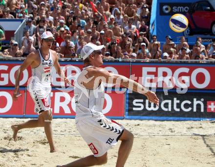 Beachvolleyball Grand Slam.  Daniel Muellner, Joerg Wutzl (AUT). Klagenfurt, 19.7.2012
Foto: Kuess

---
pressefotos, pressefotografie, kuess, qs, qspictures, sport, bild, bilder, bilddatenbank