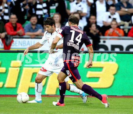 Fussball. Bundesliga. RZ Pellets WAC gegen FK Austria Wien. Ruben Rivera, (WAC), Manuel Ortlechner  (Wien). Wolfsberg, 25.7.2012.
Foto: Kuess


---
pressefotos, pressefotografie, kuess, qs, qspictures, sport, bild, bilder, bilddatenbank