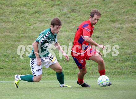 Fussball Regionalliga. Feldkirchen gegen SAK.  Philipp Wisotzky, (Feldkirchen), Marjan Kropiunik  (SAK). Feldkirchen, 3.8.2012.
Foto: Kuess
---
pressefotos, pressefotografie, kuess, qs, qspictures, sport, bild, bilder, bilddatenbank