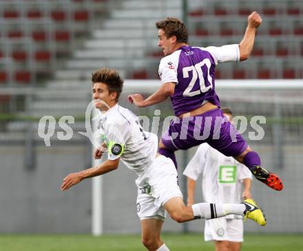 Fussball Regionalliga. SK Austria Klagenfurt gegen Sturm Graz Amateure. Grega Triplat, (Klagenfurt),  Reinhold Ranftl  (Graz). Klagenfurt, 10.8.2012.
Foto: Kuess


---
pressefotos, pressefotografie, kuess, qs, qspictures, sport, bild, bilder, bilddatenbank