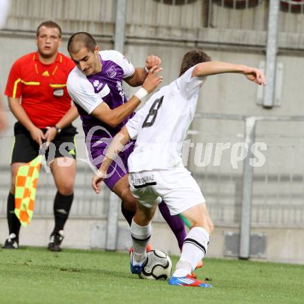 Fussball Regionalliga. SK Austria Klagenfurt gegen Sturm Graz Amateure. Rexhe Bytyci,  (Klagenfurt), Christian Dengg (Graz). Klagenfurt, 10.8.2012.
Foto: Kuess


---
pressefotos, pressefotografie, kuess, qs, qspictures, sport, bild, bilder, bilddatenbank