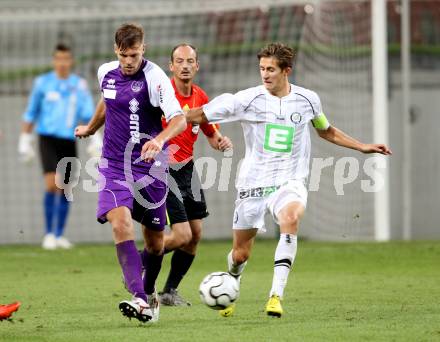 Fussball Regionalliga. SK Austria Klagenfurt gegen Sturm Graz Amateure. Boris Huettenbrenner, (Klagenfurt),  Reinhold Ranftl (Graz). Klagenfurt, 10.8.2012.
Foto: Kuess


---
pressefotos, pressefotografie, kuess, qs, qspictures, sport, bild, bilder, bilddatenbank