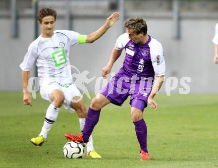 Fussball Regionalliga. SK Austria Klagenfurt gegen Sturm Graz Amateure. Grega Triplat, (Klagenfurt), Reinhold Ranftl  (Graz). Klagenfurt, 10.8.2012.
Foto: Kuess


---
pressefotos, pressefotografie, kuess, qs, qspictures, sport, bild, bilder, bilddatenbank