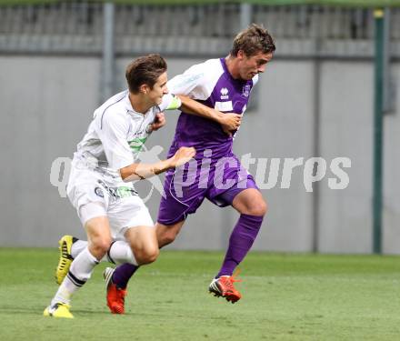 Fussball Regionalliga. SK Austria Klagenfurt gegen Sturm Graz Amateure. 
Grega Triplat, (Klagenfurt), Reinhold Ranftl  (Graz). Klagenfurt, 10.8.2012.
Foto: Kuess


---
pressefotos, pressefotografie, kuess, qs, qspictures, sport, bild, bilder, bilddatenbank