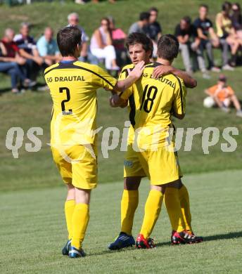 Fussball Kaerntner Liga. Koettmannsdorf gegen Drautal. Torjubel Sixt Florian, Plattner Manuel, Steiner Bernhard Johannes  (Drautal). Koettmannsdorf, am 12.8.2012.
Foto: Kuess

---
pressefotos, pressefotografie, kuess, qs, qspictures, sport, bild, bilder, bilddatenbank