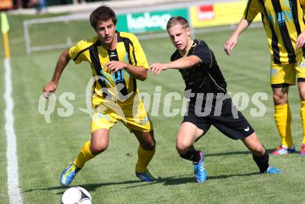 Fussball Kaerntner Liga. Koettmannsdorf gegen Drautal. Mathias Tschofen (Koettmannsdorf),  Florian Sixt (Drautal). Koettmannsdorf, am 12.8.2012.
Foto: Kuess
---
pressefotos, pressefotografie, kuess, qs, qspictures, sport, bild, bilder, bilddatenbank