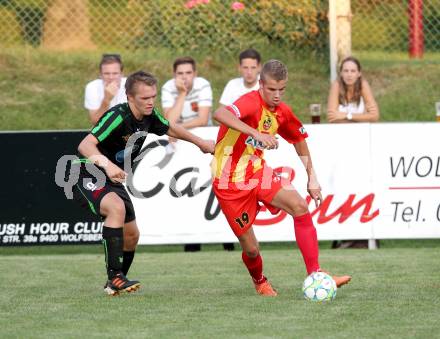 Fussball Kaerntner Liga. ATSV Wolfsberg gegen Rapid Lienz.  Waich Patrick Klaus (Wolfsberg), Ueberbacher Andreas (Lienz). Wolfsberg, am 15.8.2012.
Foto: Kuess
---
pressefotos, pressefotografie, kuess, qs, qspictures, sport, bild, bilder, bilddatenbank