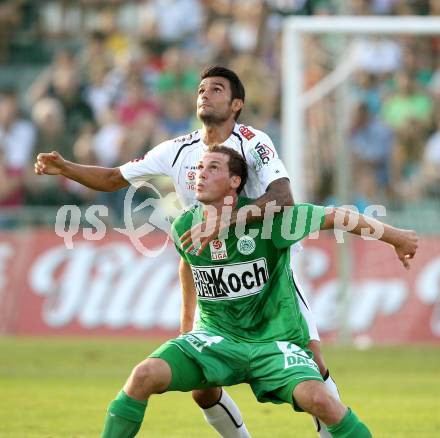 Fussball. Bundesliga. RZ Pellets WAC gegen SV Mattersburg. Solano, (WAC),  Patrick Buerger  (Mattersburg). Wolfsberg, 18.8.2012.
Foto: Kuess

---
pressefotos, pressefotografie, kuess, qs, qspictures, sport, bild, bilder, bilddatenbank