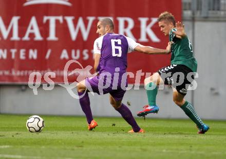 Fussball Regionalliga. SK Austria Klagenfurt gegen Feldkirchen. Rexhe Bytyci,  (Austria), Martin Hinteregger (Feldkirchen). Klagenfurt, am 21.8.2012.
Foto: Kuess
---
pressefotos, pressefotografie, kuess, qs, qspictures, sport, bild, bilder, bilddatenbank