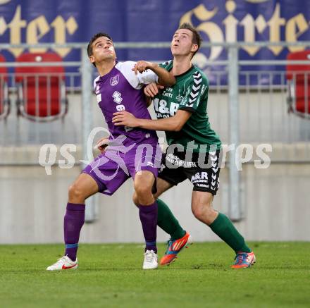 Fussball Regionalliga. SK Austria Klagenfurt gegen Feldkirchen. Siegfried Rasswalder,  (Austria), Kevin Vaschauner (Feldkirchen). Klagenfurt, am 21.8.2012.
Foto: Kuess
---
pressefotos, pressefotografie, kuess, qs, qspictures, sport, bild, bilder, bilddatenbank