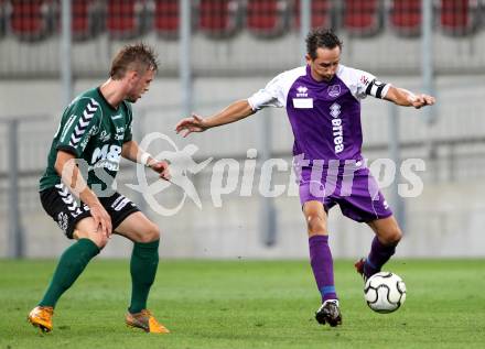 Fussball Regionalliga. SK Austria Klagenfurt gegen Feldkirchen. Matthias Dollinger, (Austria), Jakob Gruber  (Feldkirchen). Klagenfurt, am 21.8.2012.
Foto: Kuess
---
pressefotos, pressefotografie, kuess, qs, qspictures, sport, bild, bilder, bilddatenbank