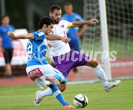 Fussball Regionalliga. VSV gegen SK Austria Klagenfurt. Denis Curic,  (VSV). Oliver Pusztai (Austria Klagenfurt). Villach, 24.8.2012.
Foto: Kuess
---
pressefotos, pressefotografie, kuess, qs, qspictures, sport, bild, bilder, bilddatenbank