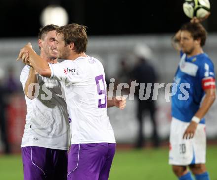 Fussball Regionalliga. VSV gegen SK Austria Klagenfurt. Torjubel Marc Sand, Grega Triplat (Austria Klagenfurt). Villach, 24.8.2012.
Foto: Kuess
---
pressefotos, pressefotografie, kuess, qs, qspictures, sport, bild, bilder, bilddatenbank