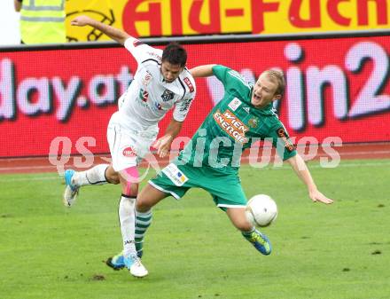 Fussball. Bundesliga. RZ Pellets WAC gegen Rapid Wien. Ruben Rivera,  (WAC), Mario Sonnleitner (Rapid). Wolfsberg, 26.8.2012.
Foto: Kuess

---
pressefotos, pressefotografie, kuess, qs, qspictures, sport, bild, bilder, bilddatenbank