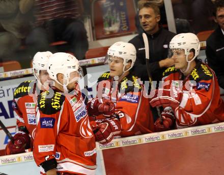 Eishockey Testspiel. KAC gegen HC Lugano. Torjubel Mike Siklenka (KAC). Klagenfurt, 30.8.2012
Foto: Kuess 

---
pressefotos, pressefotografie, kuess, qs, qspictures, sport, bild, bilder, bilddatenbank