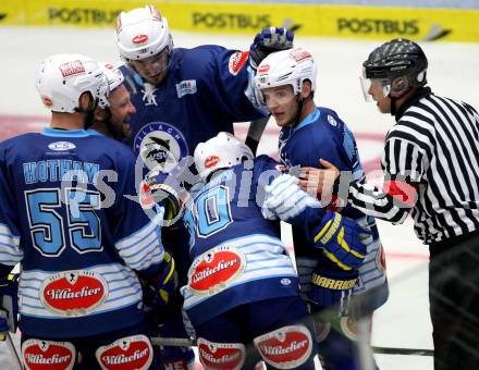 EBEL. Testspiel. EC VSV gegen Thomas Sabo Ice Tigers.  Torjubel (VSV). Villach, am 30.8.2012.
Foto: Kuess 


---
pressefotos, pressefotografie, kuess, qs, qspictures, sport, bild, bilder, bilddatenbank