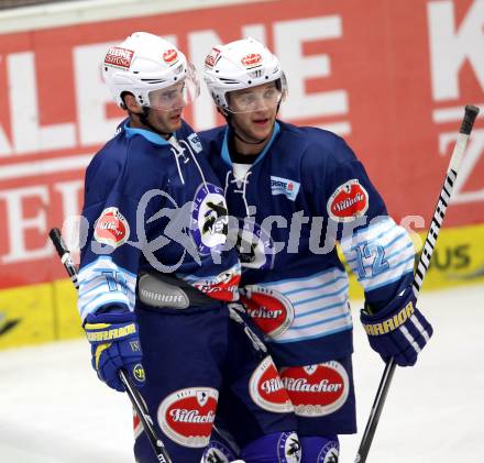 EBEL. Testspiel. EC VSV gegen Augsburg Panthers.  Torjubel Derek Ryan, John Hughes (VSV). Villach, am 31.8.2012.
Foto: Kuess 


---
pressefotos, pressefotografie, kuess, qs, qspictures, sport, bild, bilder, bilddatenbank