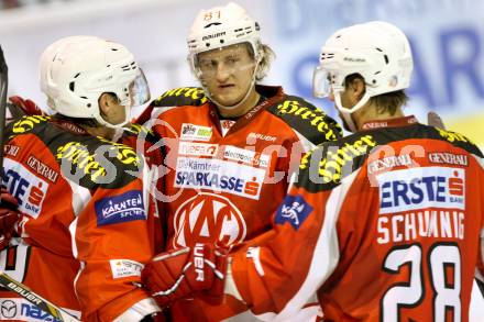 EBEL. Testspiel. EC KAC gegen Augsburg Panthers.  Torjubel Patrick Harand, Maximilian Isopp, Martin Schumnig. Klagenfurt, am 1.9.2012.
Foto: Kuess 


---
pressefotos, pressefotografie, kuess, qs, qspictures, sport, bild, bilder, bilddatenbank