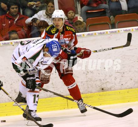 EBEL. Testspiel. EC KAC gegen Augsburg Panthers.  Patrick Harand,  (KAC),  Steffen TÃ¶lzer (Augsburg). Klagenfurt, am 1.9.2012.
Foto: Kuess 


---
pressefotos, pressefotografie, kuess, qs, qspictures, sport, bild, bilder, bilddatenbank