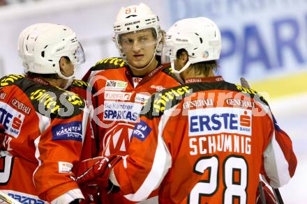 EBEL. Testspiel. EC KAC gegen Augsburg Panthers. Torjubel Patrick Harand, Maximilian Isopp, Martin Schumnig  (KAC). Klagenfurt, am 1.9.2012.
Foto: Kuess 


---
pressefotos, pressefotografie, kuess, qs, qspictures, sport, bild, bilder, bilddatenbank