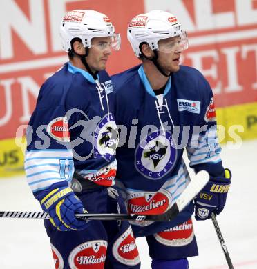 EBEL. Testspiel. EC VSV gegen Augsburg Panthers. Derek Ryan, John Hughes (VSV). Villach, am 31.8.2012.
Foto: Kuess 


---
pressefotos, pressefotografie, kuess, qs, qspictures, sport, bild, bilder, bilddatenbank