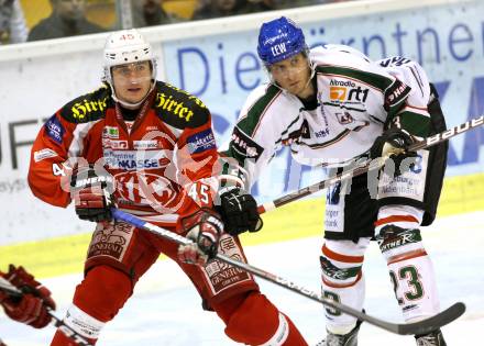 EBEL. Testspiel. EC KAC gegen Augsburg Panthers.  David Schuller, (KAC),  Peter Flache  (Augsburg). Klagenfurt, am 1.9.2012.
Foto: Kuess 


---
pressefotos, pressefotografie, kuess, qs, qspictures, sport, bild, bilder, bilddatenbank