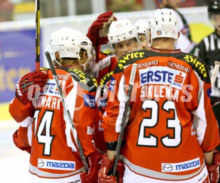 EBEL. Testspiel. EC KAC gegen Augsburg Panthers. Torjubel (KAC). Klagenfurt, am 1.9.2012.
Foto: Kuess 


---
pressefotos, pressefotografie, kuess, qs, qspictures, sport, bild, bilder, bilddatenbank