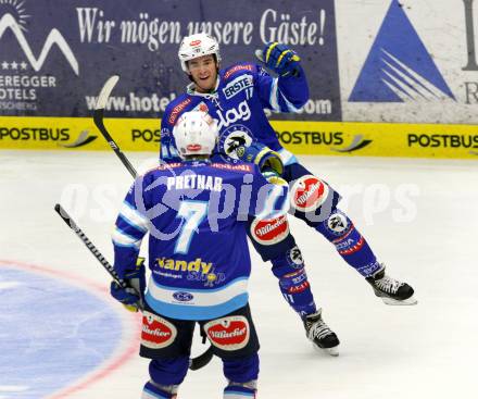 EBEL. Eishockey Bundesligal. EC VSV gegen UPC Vienna Capitals. Torjubel Derek Ryan, Klemen Pretnar (VSV). Villach, am 14.9.2012.
Foto: Kuess 


---
pressefotos, pressefotografie, kuess, qs, qspictures, sport, bild, bilder, bilddatenbank