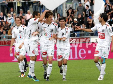 Fussball. Bundesliga. RZ Pellets WAC gegen SC Wiener Neustadt. Torjubel Christian Falk, Jacobo Maria Ynclan Pajares, Nenad Jovanovic (WAC). Wolfsberg, 15.9.2012.
Foto: Kuess

---
pressefotos, pressefotografie, kuess, qs, qspictures, sport, bild, bilder, bilddatenbank