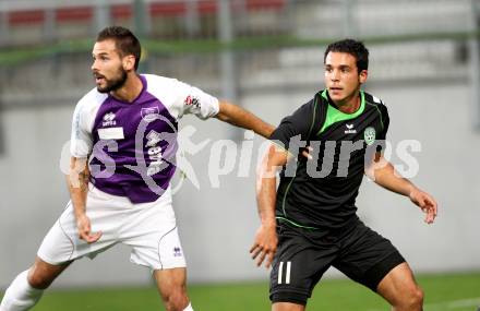 Fussball Regionalliga. SK Austria Klagenfurt gegen Pasching. Oliver Pusztai,  (Klagenfurt), Diaz Casanova Montenegro Ignacio (Pasching). Klagenfurt, 15.9.2012. 
Foto: Kuess

---
pressefotos, pressefotografie, kuess, qs, qspictures, sport, bild, bilder, bilddatenbank