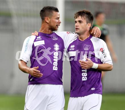 Fussball Regionalliga. SK Austria Klagenfurt gegen Pasching. Torjubel Marco Sahanek, Darko Vasic (Klagenfurt). Klagenfurt, 15.9.2012. 
Foto: Kuess

---
pressefotos, pressefotografie, kuess, qs, qspictures, sport, bild, bilder, bilddatenbank