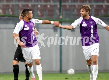 Fussball Regionalliga. SK Austria Klagenfurt gegen Pasching. Torjubel Marco Sahanek, Boris Huettenbrenner (Klagenfurt). Klagenfurt, 15.9.2012. 
Foto: Kuess

---
pressefotos, pressefotografie, kuess, qs, qspictures, sport, bild, bilder, bilddatenbank