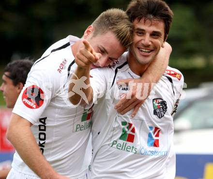 Fussball. Bundesliga. RZ Pellets WAC gegen SC Wiener Neustadt. Torjubel Mihret Topcagic, Michael Sollbauer (WAC). Wolfsberg, 15.9.2012.
Foto: Kuess

---
pressefotos, pressefotografie, kuess, qs, qspictures, sport, bild, bilder, bilddatenbank