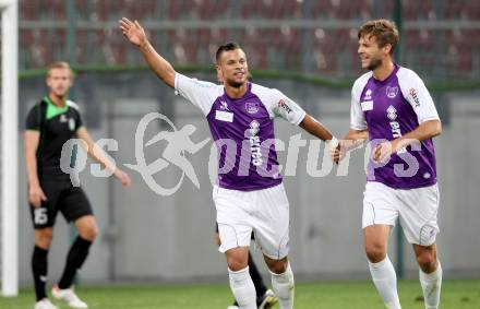 Fussball Regionalliga. SK Austria Klagenfurt gegen Pasching. Torjubel Marco Sahanek, Boris Huettenbrenner (Klagenfurt). Klagenfurt, 15.9.2012. 
Foto: Kuess

---
pressefotos, pressefotografie, kuess, qs, qspictures, sport, bild, bilder, bilddatenbank