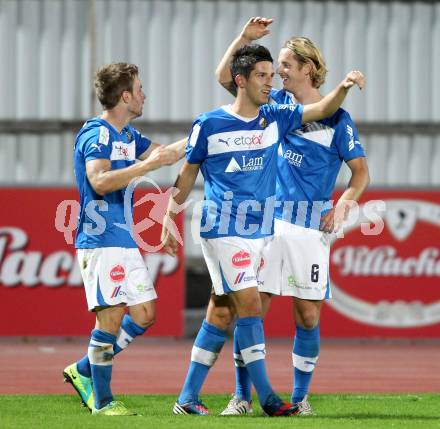 Fussball Regionalliga. VSV gegen SV Wallern. Torjubel Daniel Pirker, Michel Sandic, Johannes Isopp (VSV). Villach, 20.8.2012.
Foto: Kuess
---
pressefotos, pressefotografie, kuess, qs, qspictures, sport, bild, bilder, bilddatenbank