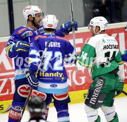 EBEL. Eishockey Bundesligal. EC VSV gegen HDD TELEMACH Olimpija Ljubljana. Torjubel Scott Hotham, John Hughes (VSV). Villach, am 21.9.2012.
Foto: Kuess 


---
pressefotos, pressefotografie, kuess, qs, qspictures, sport, bild, bilder, bilddatenbank