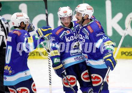 EBEL. Eishockey Bundesligal. EC VSV gegen HDD TELEMACH Olimpija Ljubljana. Torjubel John HUghes, Scott Hotham, Derek Damon (VSV). Villach, am 21.9.2012.
Foto: Kuess 


---
pressefotos, pressefotografie, kuess, qs, qspictures, sport, bild, bilder, bilddatenbank