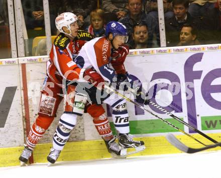 EBEL. Eishockey Bundesliga. EC KAC gegen KHL Medvescak Zagreb.  Patrick Harand,  (KAC), Andy Sertich (Zagreb). Klagenfurt, am 21.9.2012.
Foto: Kuess 


---
pressefotos, pressefotografie, kuess, qs, qspictures, sport, bild, bilder, bilddatenbank