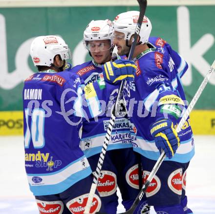 EBEL. Eishockey Bundesligal. EC VSV gegen HDD TELEMACH Olimpija Ljubljana. Torjubel John HUghes, Scott Hotham, Derek Damon  (VSV). Villach, am 21.9.2012.
Foto: Kuess 


---
pressefotos, pressefotografie, kuess, qs, qspictures, sport, bild, bilder, bilddatenbank