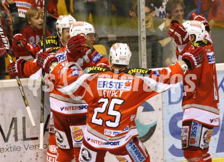 EBEL. Eishockey Bundesliga. EC KAC gegen KHL Medvescak Zagreb. Jubel John Lammers, Kirk Furey, Thomas Koch  (KAC). Klagenfurt, am 21.9.2012.
Foto: Kuess 


---
pressefotos, pressefotografie, kuess, qs, qspictures, sport, bild, bilder, bilddatenbank