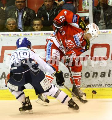 EBEL. Eishockey Bundesliga. EC KAC gegen KHL Medvescak Zagreb.  David Schuller,  (KAC), Alan Letang (Zagreb). Klagenfurt, am 21.9.2012.
Foto: Kuess 


---
pressefotos, pressefotografie, kuess, qs, qspictures, sport, bild, bilder, bilddatenbank